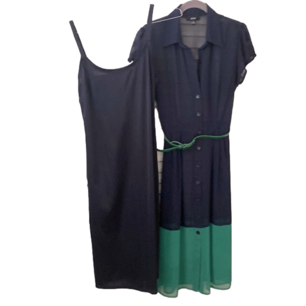 2 Piece Dress Slip Set Color Block Rugby Button Down Patent Leather Green Belt